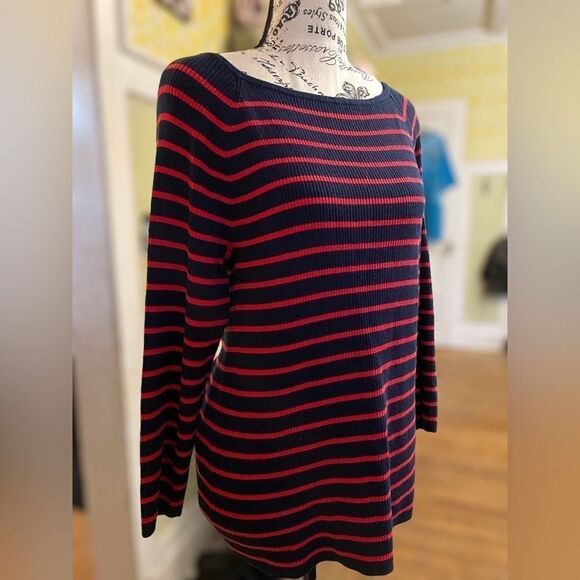 Lauren Ralph Lauren Women’s Size Large Navy & Red Striped Sweater • Relaxed Fit - Picture 2 of 16